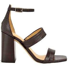 Calvin Klein 9 M, Dark Brown Sheryl Ankle Strap, Block Heel, Squared Toe Sandals